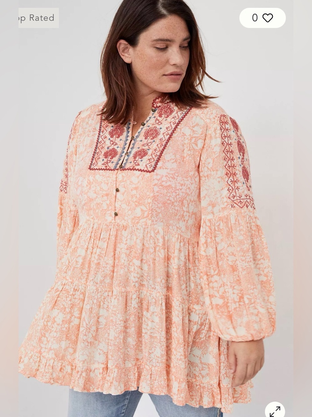 Anthropologie Peach Floral Embroidered Long-Sleeve Smock Dress